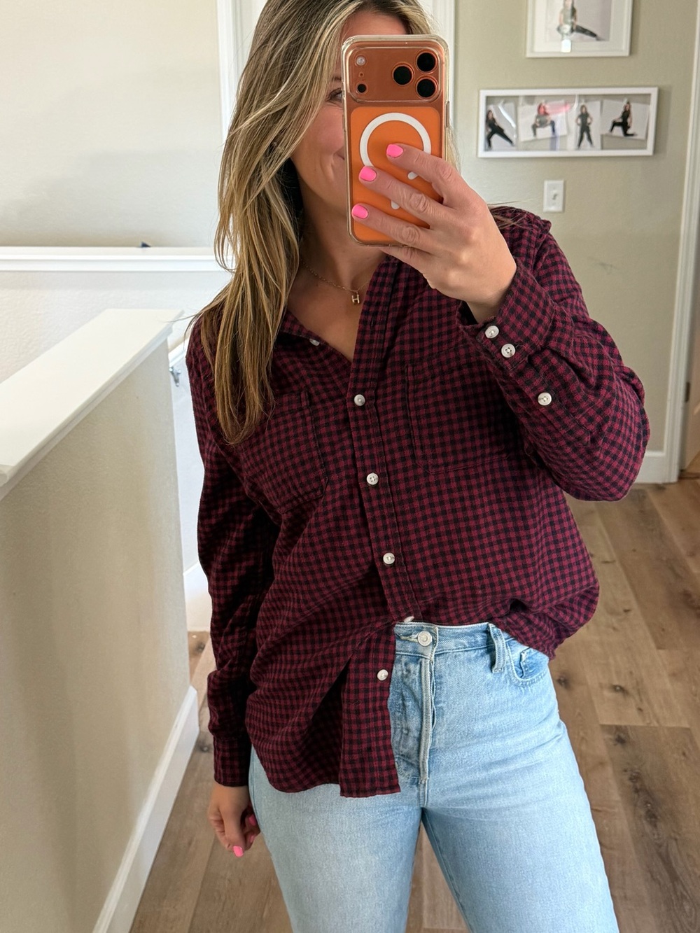 Mossimo red black plaid flannel long sleeve boyfriend cut shirt
